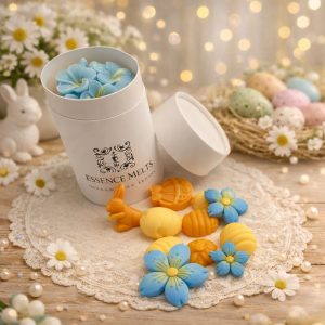 Easter wax melts in elegant white tube with blue and yellow floral and bunny shapes, handcrafted soy wax melts by Essence Melts