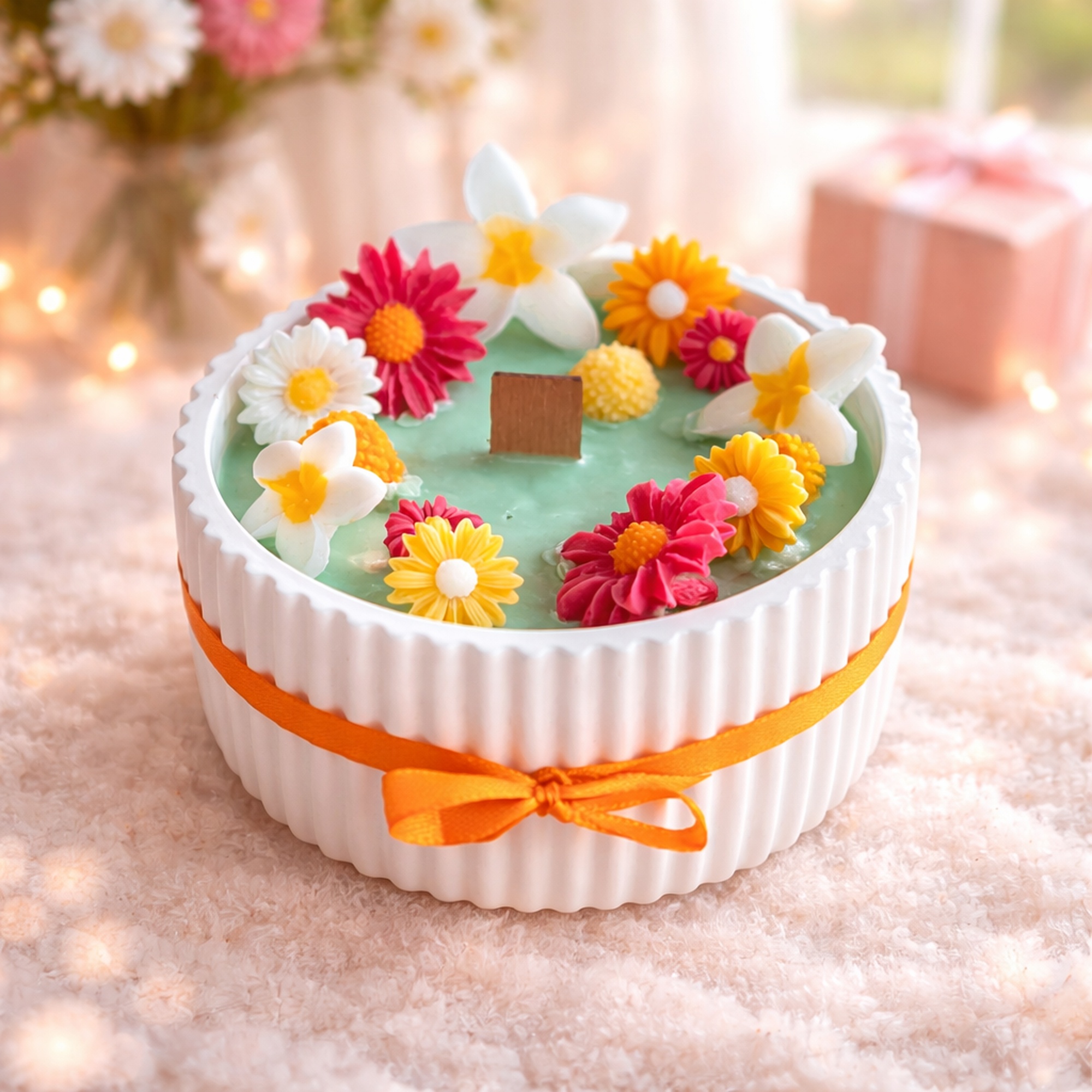 Jasmine Bloom coconut soy wax candle with jasmine scent and floral design for Mother’s Day