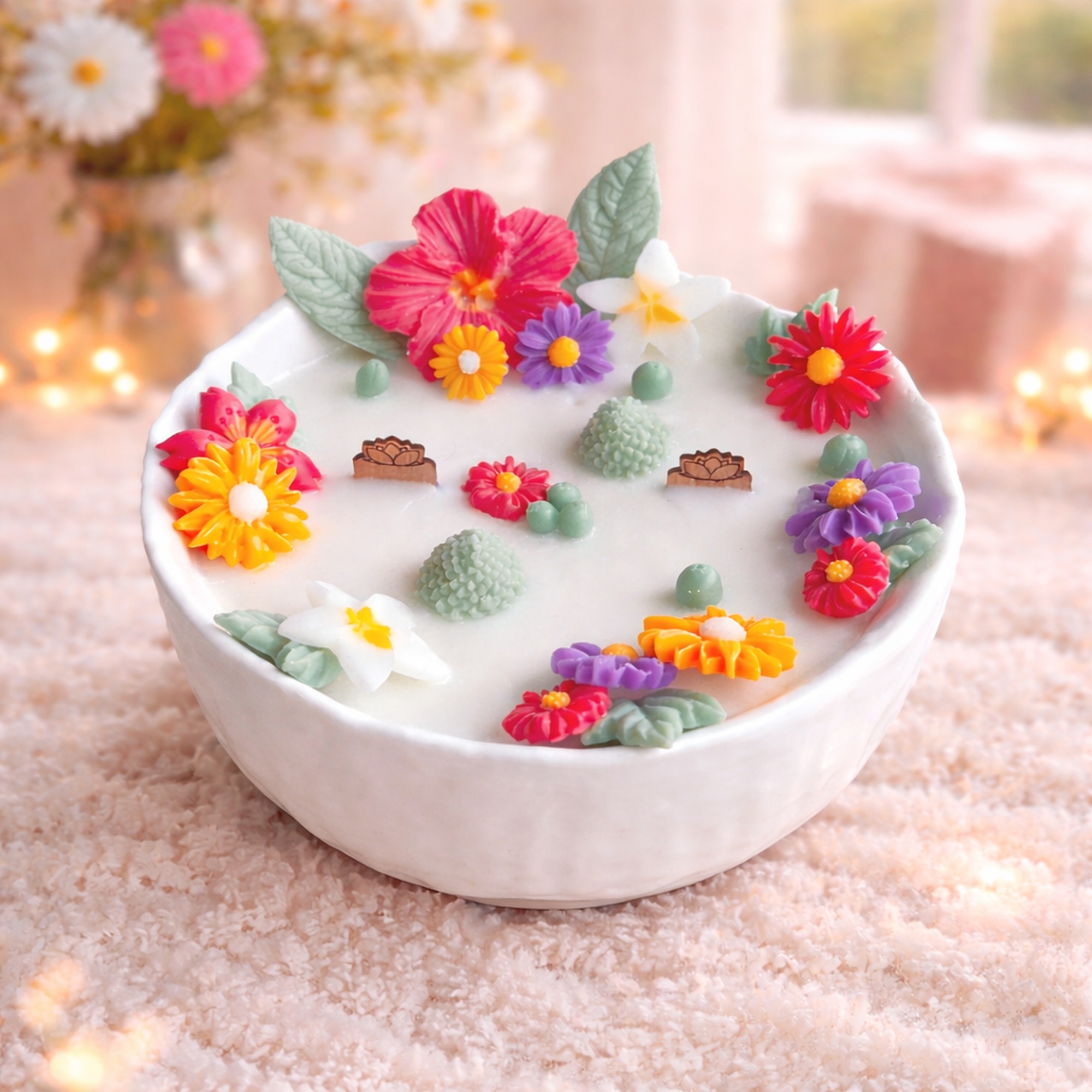 Musky Bloom white musk and lavender scented candle with floral design and wooden wicks for Mother’s Day