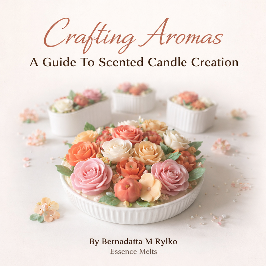Crafting Aromas scented candle ebook cover with floral wax candle design and pastel flower candles by Essence Melts