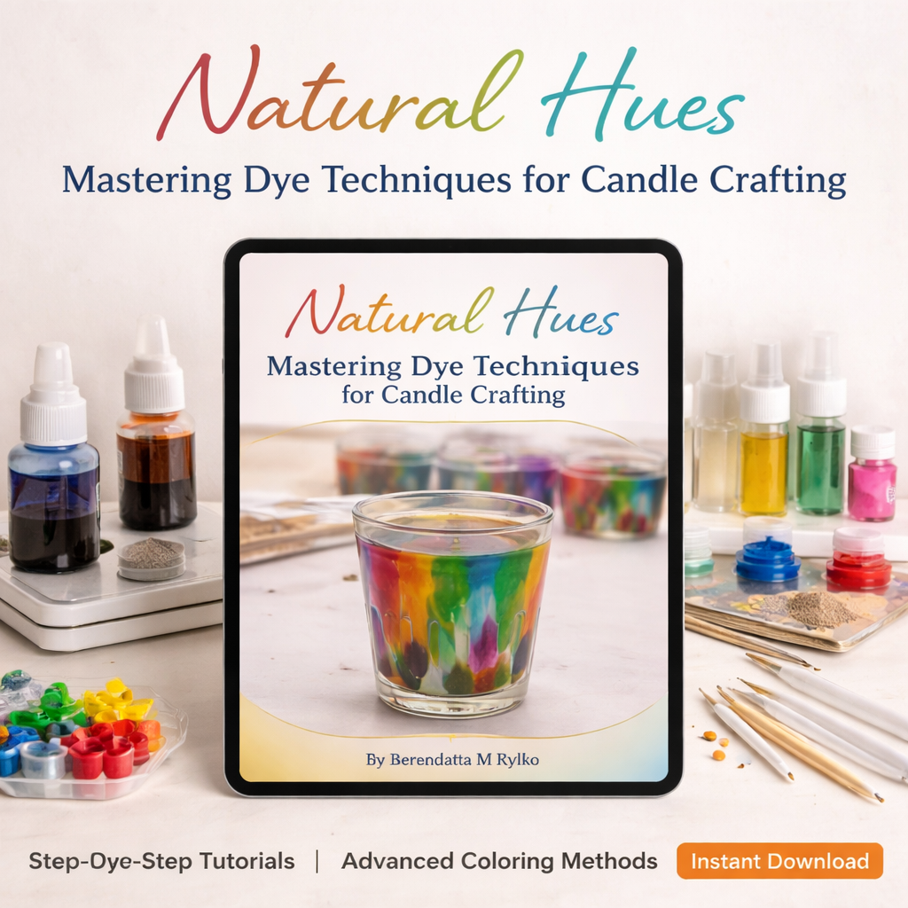 Natural Hues candle dye techniques ebook displayed on tablet with colorful candle and dye tools by Essence Melts