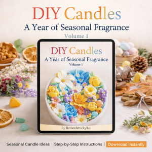 DIY candles seasonal fragrance ebook displayed on tablet with colorful floral candle and seasonal decorations by Essence Melts