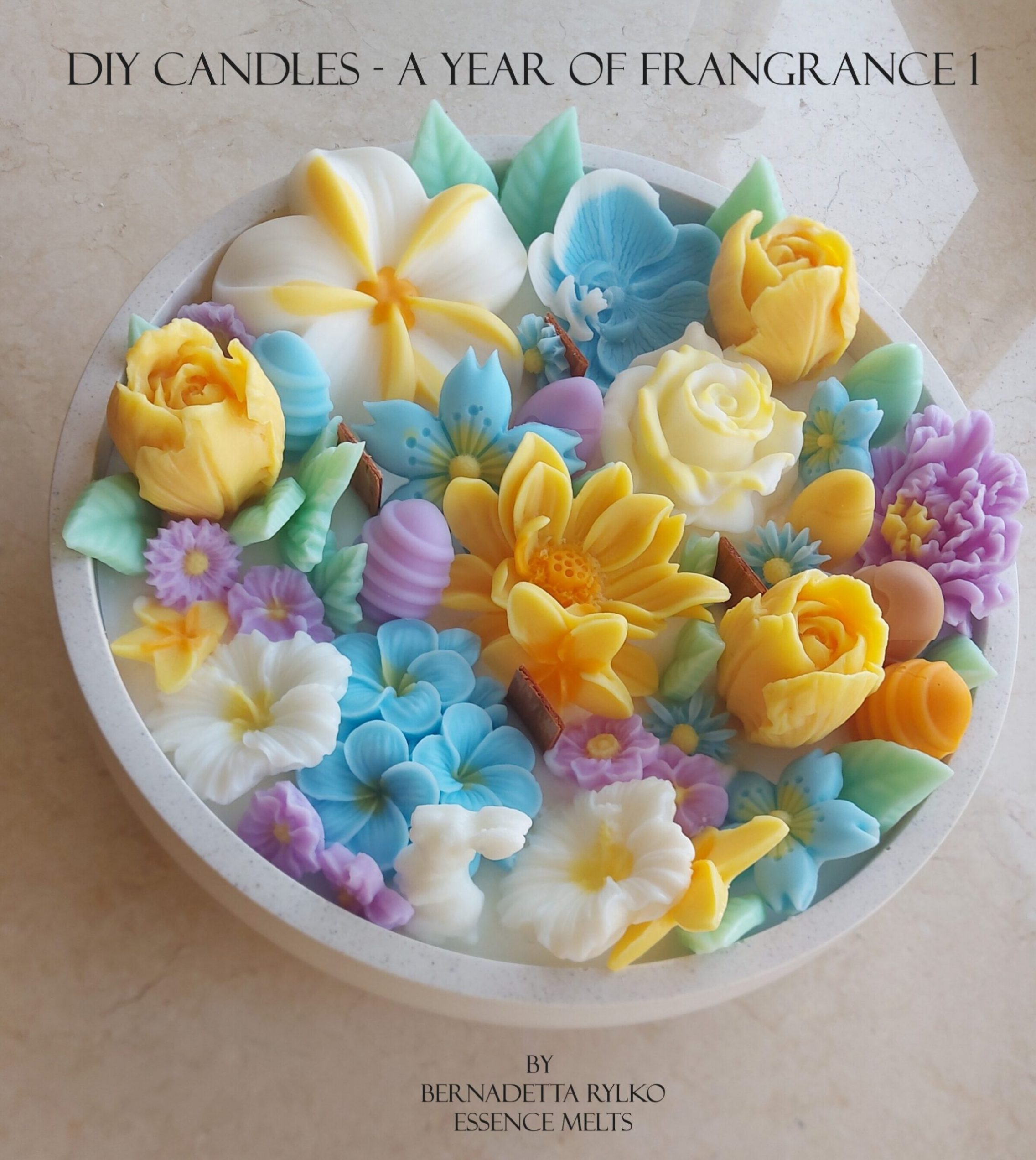 an eBook with a colorful front image fo a floral candle in a white heat resistant bowl. DIY Candles A year of fragrance 1
