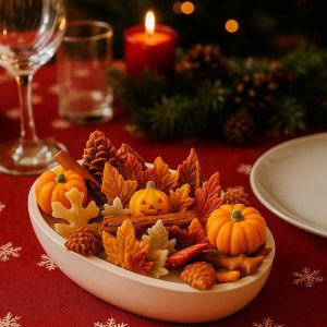 Wicked Leafy Woods N°1 autumn patchouli candle in a white oval container decorated with pumpkins, leaves, and branches.