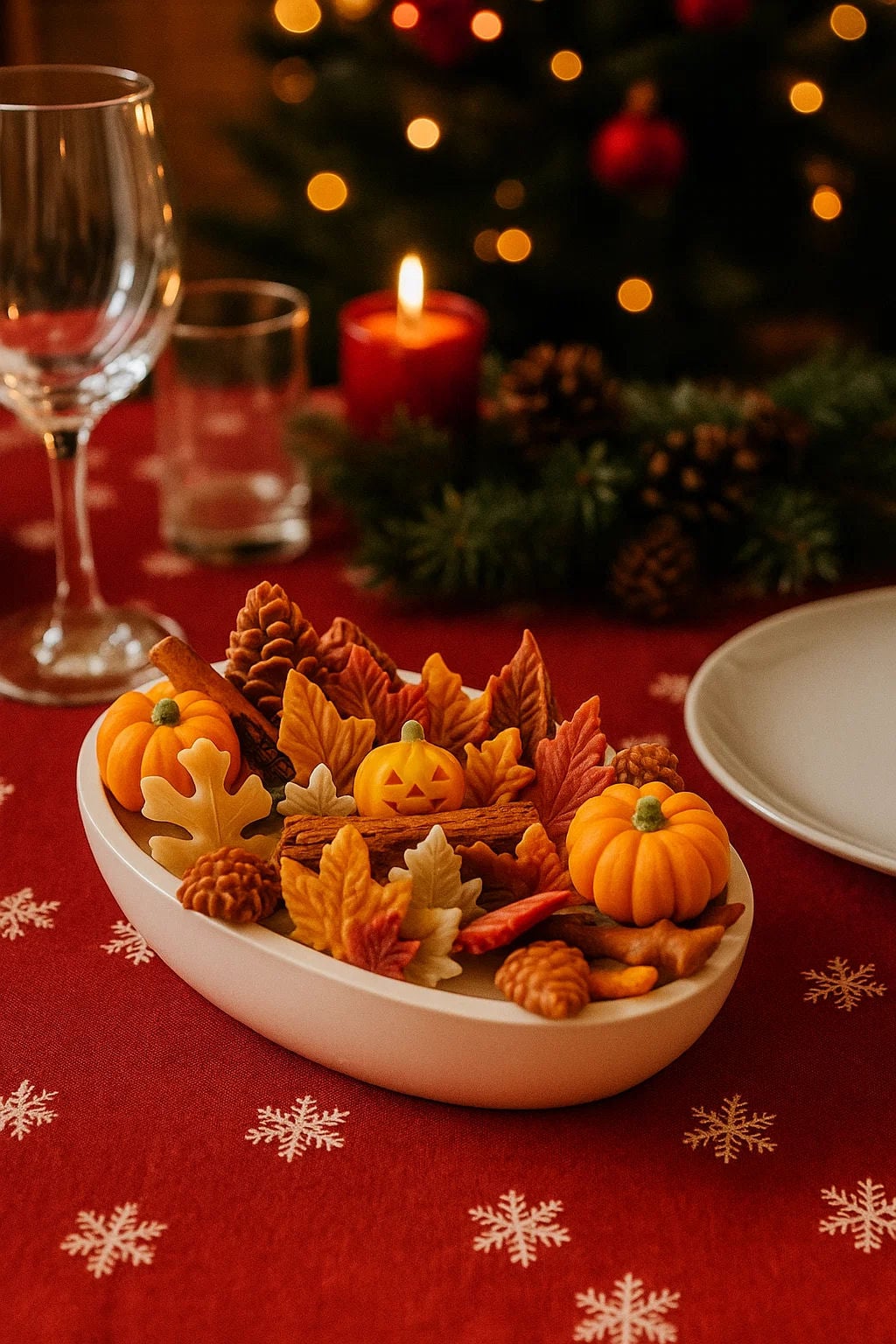 Wicked Leafy Woods N°1 autumn patchouli candle in a white oval container decorated with pumpkins, leaves, and branches.