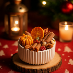 Handmade Spiced Pumpkin Candle with wax pumpkin, cinnamon sticks, orange slice, and fall decorations in a white heat resistant container