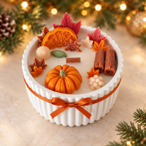 Pumpkin Spice candle with pumpkin, orange slice and autumn leaf wax decorations in a white ribbed vessel with an orange satin bow.