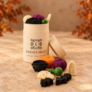 Halloween wax melts shaped as pumpkins, bats, a skull and a cauldron displayed beside an open Essence Melts tube.