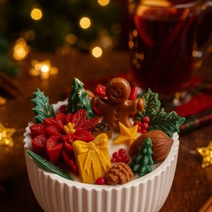 Handcrafted Gingerbread Wonderland Candle with festive wax decorations — poinsettia, gingerbread man, gift box, pinecones, and holly leaves.