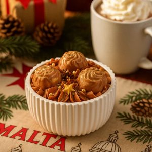 Handcrafted Golden Panettone Candle with festive gold wax swirls and star decorations in a white ribbed container.