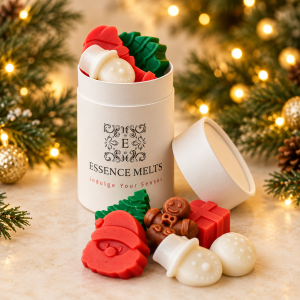 Christmas wax melts in Santa, tree and gingerbread shapes beside an open white Essence Melts gift tube, with festive greenery and golden lights.