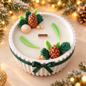 Evergreen Forest candle with wax pinecones, green foliage and a wooden wick in a white ribbed vessel tied with a green satin bow.