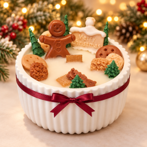 Gingerbread Wonderland candle with gingerbread man, biscuit and Christmas tree wax decorations in a white ribbed vessel with a burgundy bow.