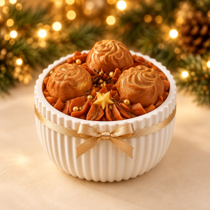 Panettone scented candle with golden pastry-shaped wax decorations in a white ribbed vessel tied with a champagne-gold satin bow.