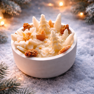 Winter Sandalwood candle with wax trees and pinecone details in a white bowl, scented with orange and sandalwood.