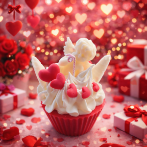 Cupids cupcake candle with angel topper and heart decorations
