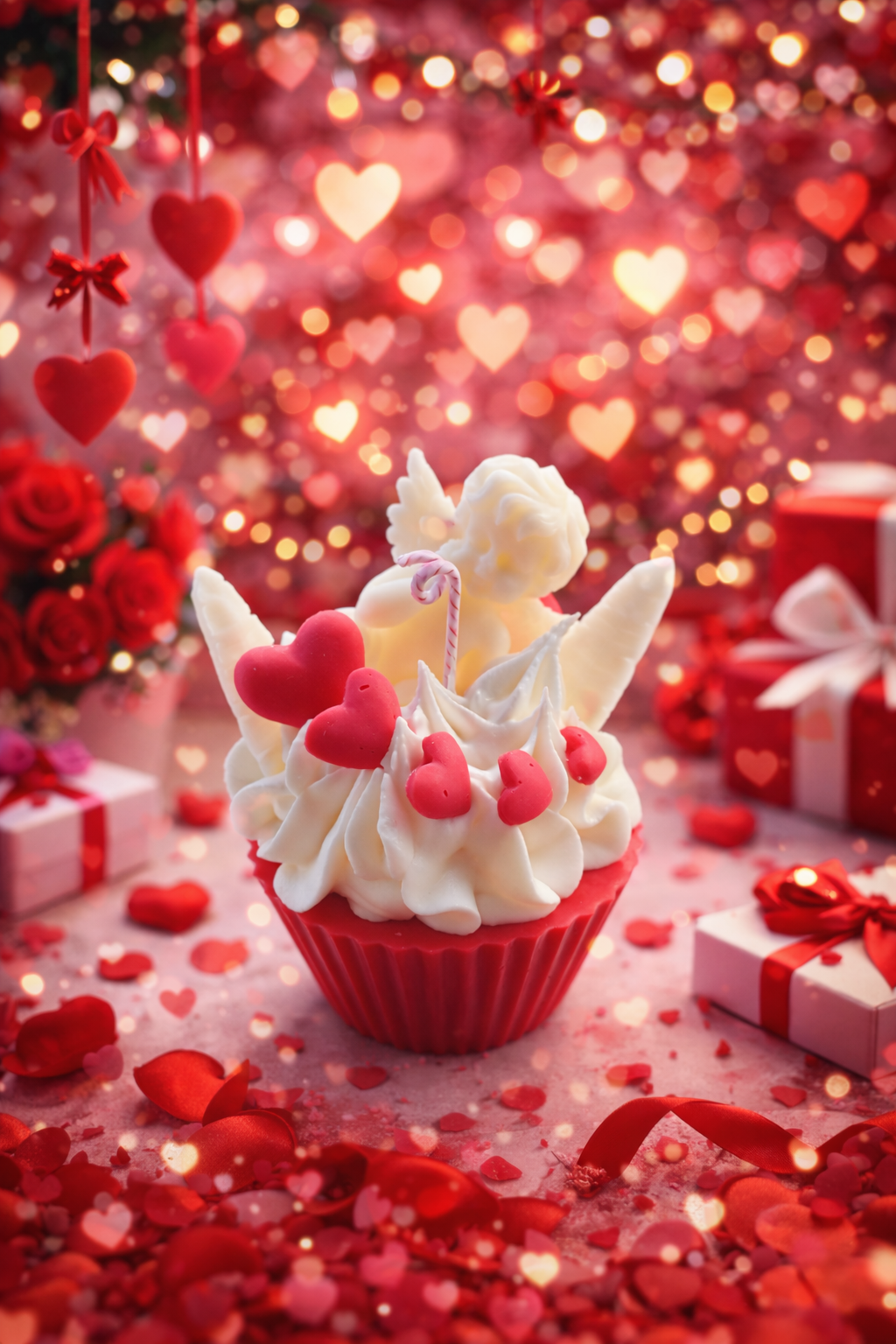 Cupids cupcake candle with angel topper and heart decorations
