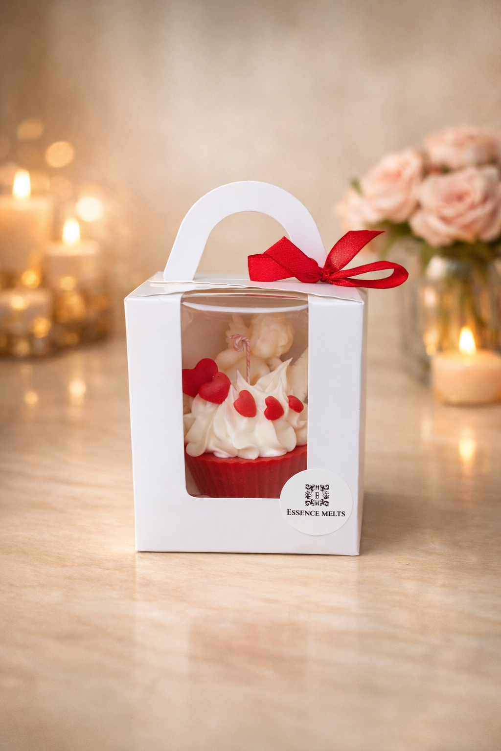 Valentine cupcake candle in gift box with red ribbon by Essence Melts