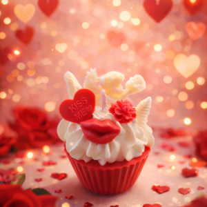 Valentine cupcake candle with angel wings and Kiss Me heart topper