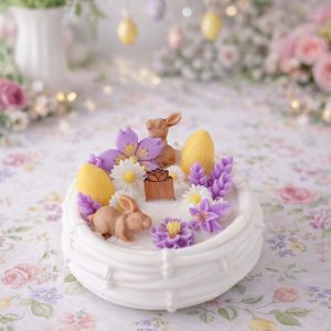White Musk and Lavender Easter basket candle with botanical flowers and bunny in white vessel by Essence Melts