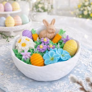 Handmade Jasmine Easter candle in white bowl with bunny, flowers, and eggs made from coconut and soy wax with triple eco cotton wicks