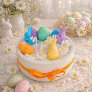 Handmade Orange Easter candle in white bunny bowl with flowers and eggs made from coconut soy wax with two eco cotton wicks