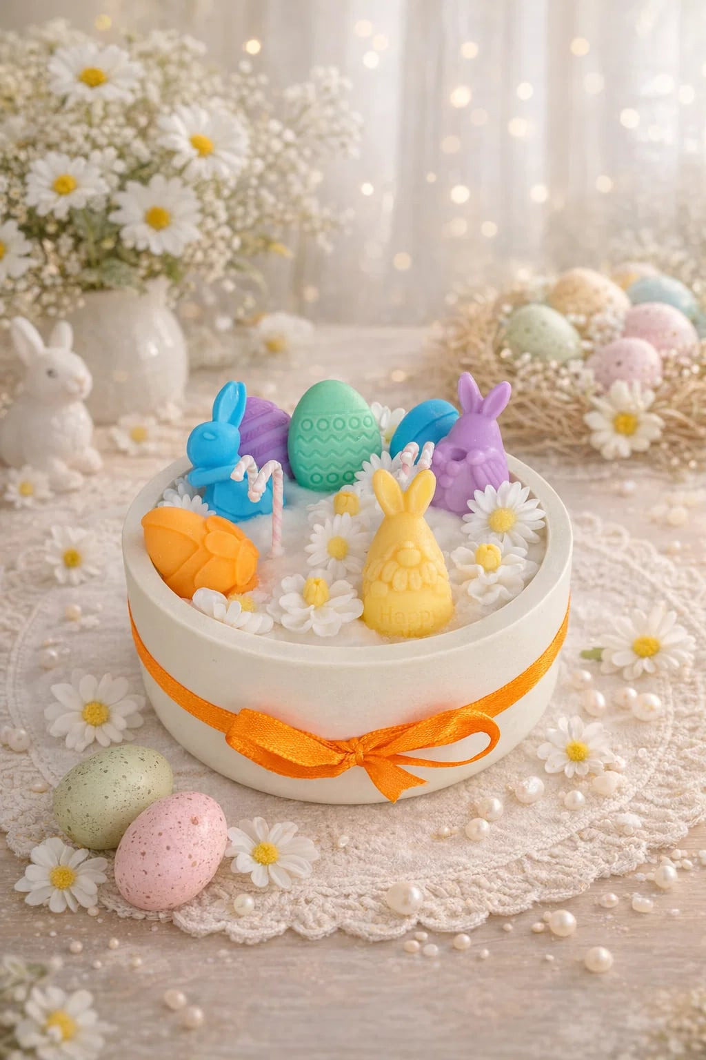 Handmade Orange Easter candle in white bunny bowl with flowers and eggs made from coconut soy wax with two eco cotton wicks