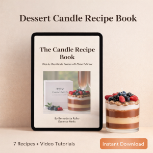 Dessert candle recipe book displayed on tablet with layered dessert candle and berries – Essence Melts eBook