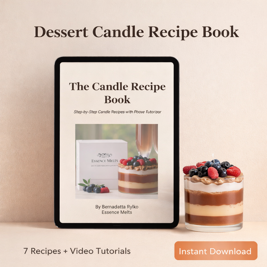 Dessert candle recipe book displayed on tablet with layered dessert candle and berries – Essence Melts eBook