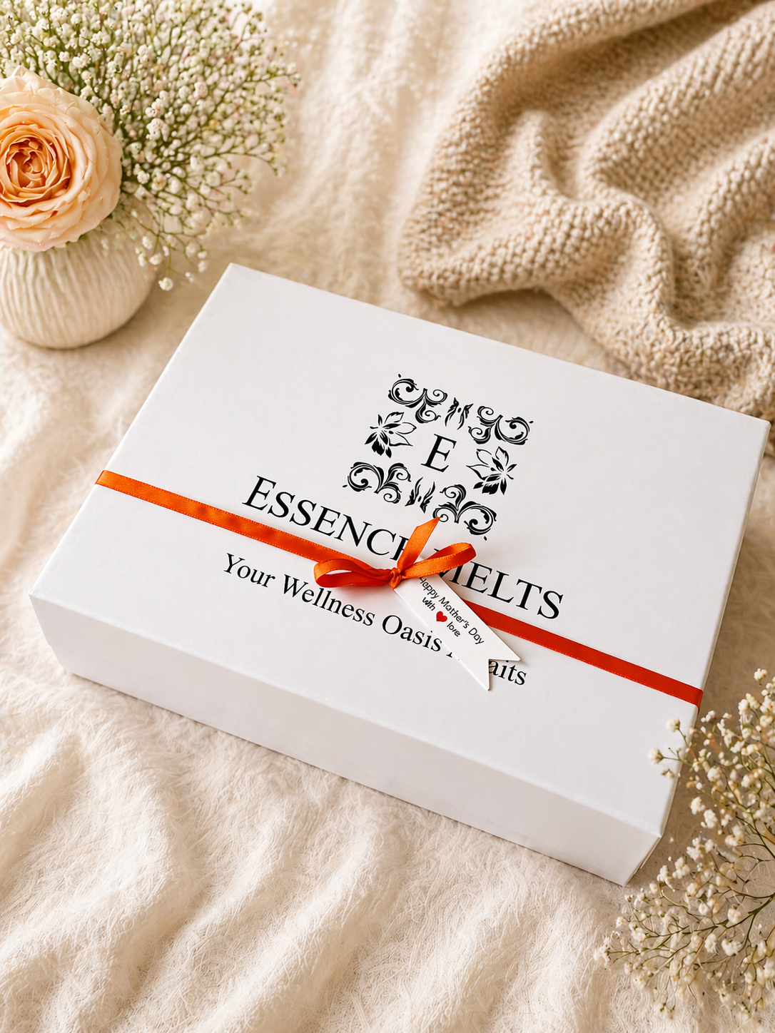 Luxury Mothers Day gift box with candle bath salts and wax melts by Essence Melts in elegant floral setting