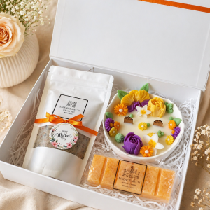Mothers Day gift box with handmade floral candle, uplifting bath salts and patchouli amber wax melts by Essence Melts