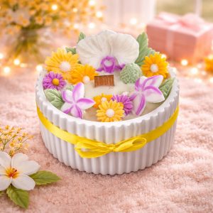 Blossom Bloom orange blossom scented candle with floral design and wooden wick in white ribbed vessel