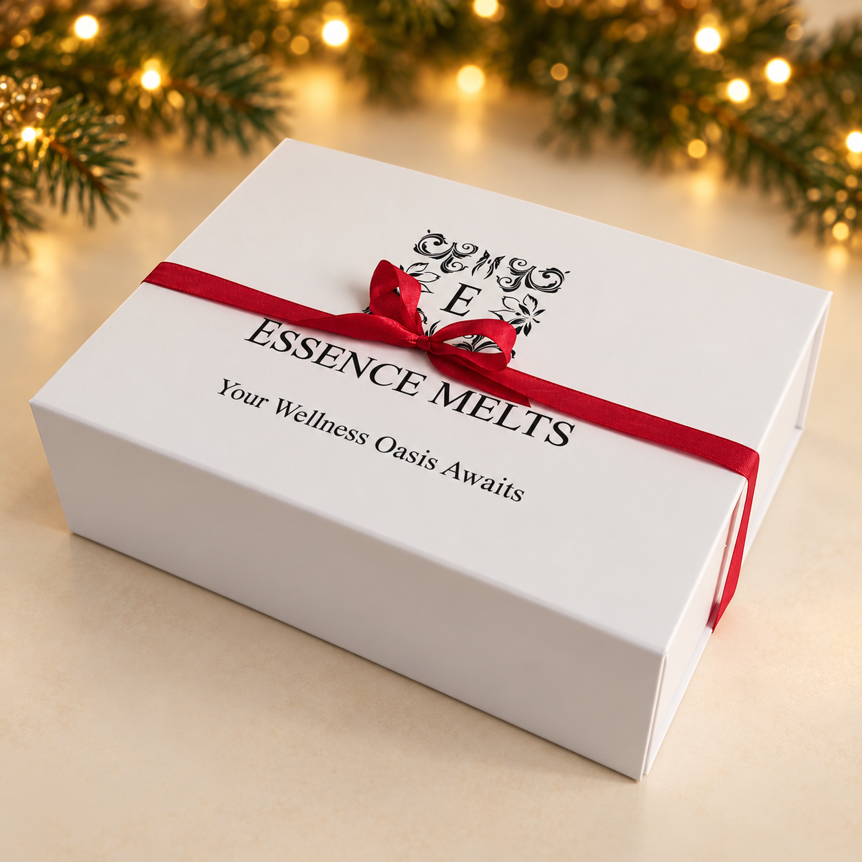 White Essence Melts gift box with a red satin ribbon and bow, surrounded by softly blurred Christmas greenery and golden lights.