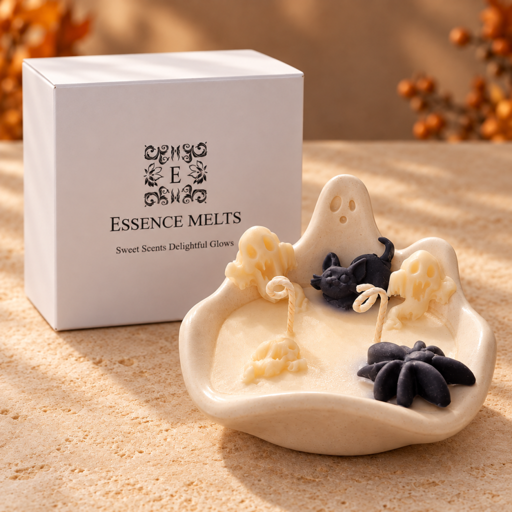 Ghost Vanilla candle with Halloween wax decorations beside a white Essence Melts gift box.