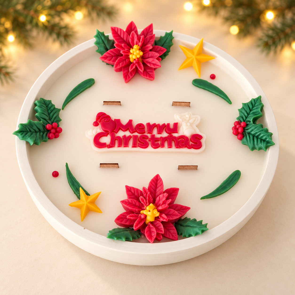 View from above of the Christmas Poinsettia Candle showing red poinsettias, holly berries, stars and a Merry Christmas decoration.