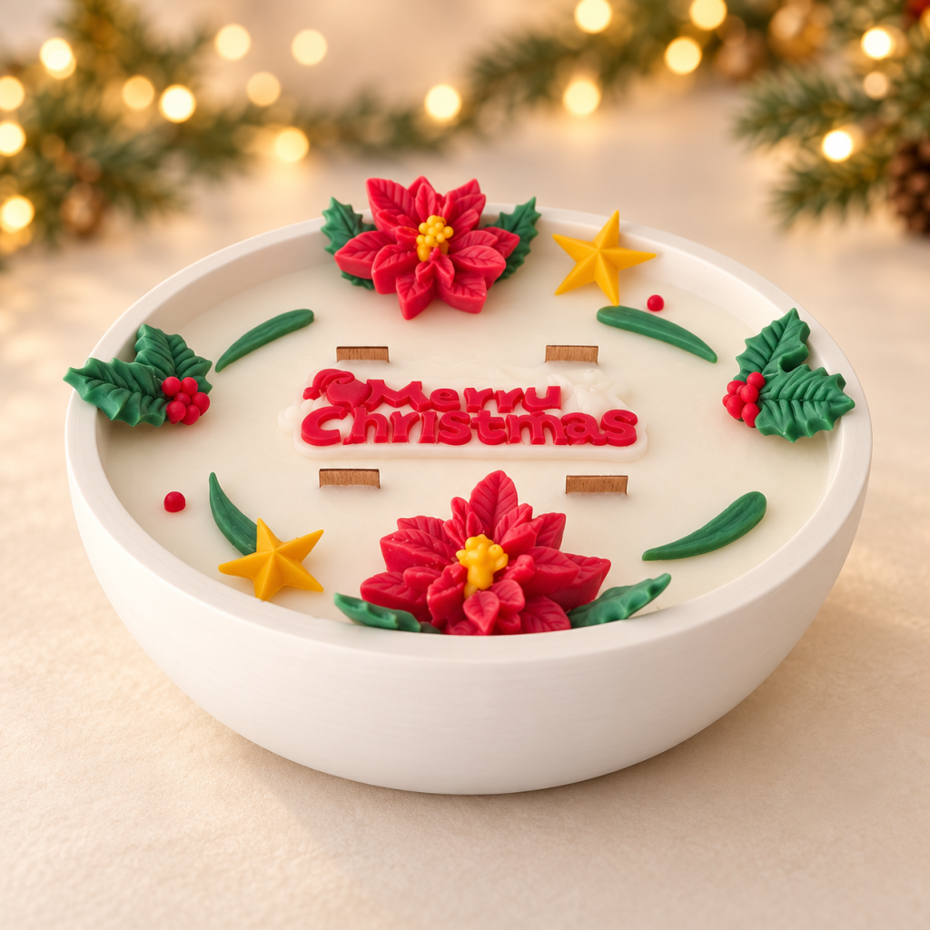 Christmas Poinsettia Candle in a white bowl with red wax flowers, holly, yellow stars and four wooden wicks.