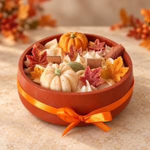 Pumpkin spice candle with wax pumpkins, autumn leaves and two wooden wicks in a terracotta-coloured bowl with an orange bow.
